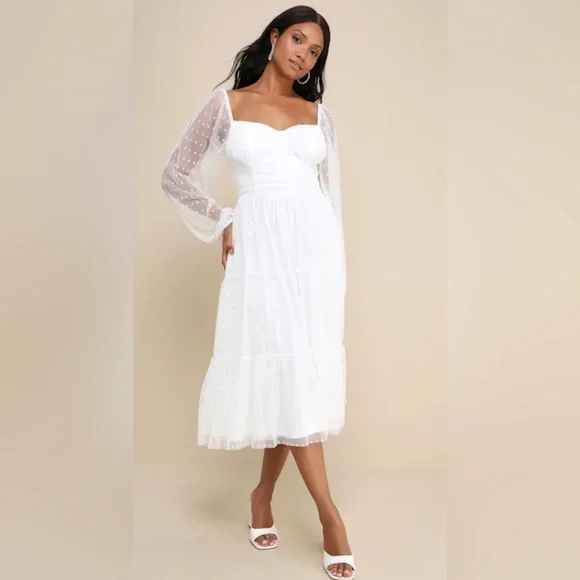 NWT Lulus White Long Sleeve Tiered Dress with Sheer Polka Dot Sleeves | Size XS - Picture 1 of 11